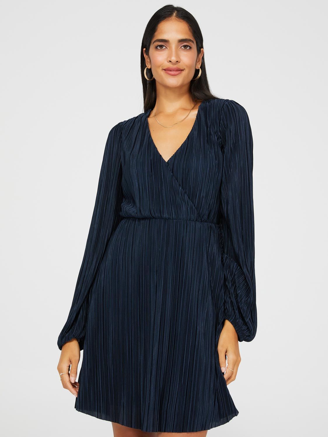 Crossover Plisse Mini Dress With Long Bubble Sleeves sold by Suzy Shier product image thumbnail 2