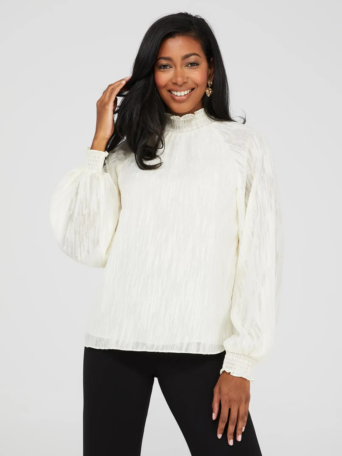 Textured Chiffon Smocked Neck Blouse sold by Suzy Shier