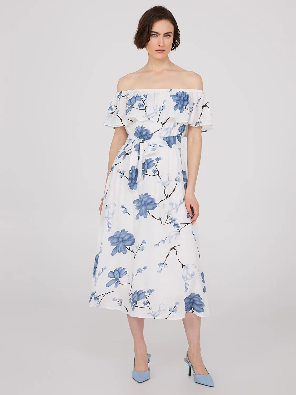 Floral Print Off-The-Shoulder A-Line Midi Dress sold by Suzy Shier