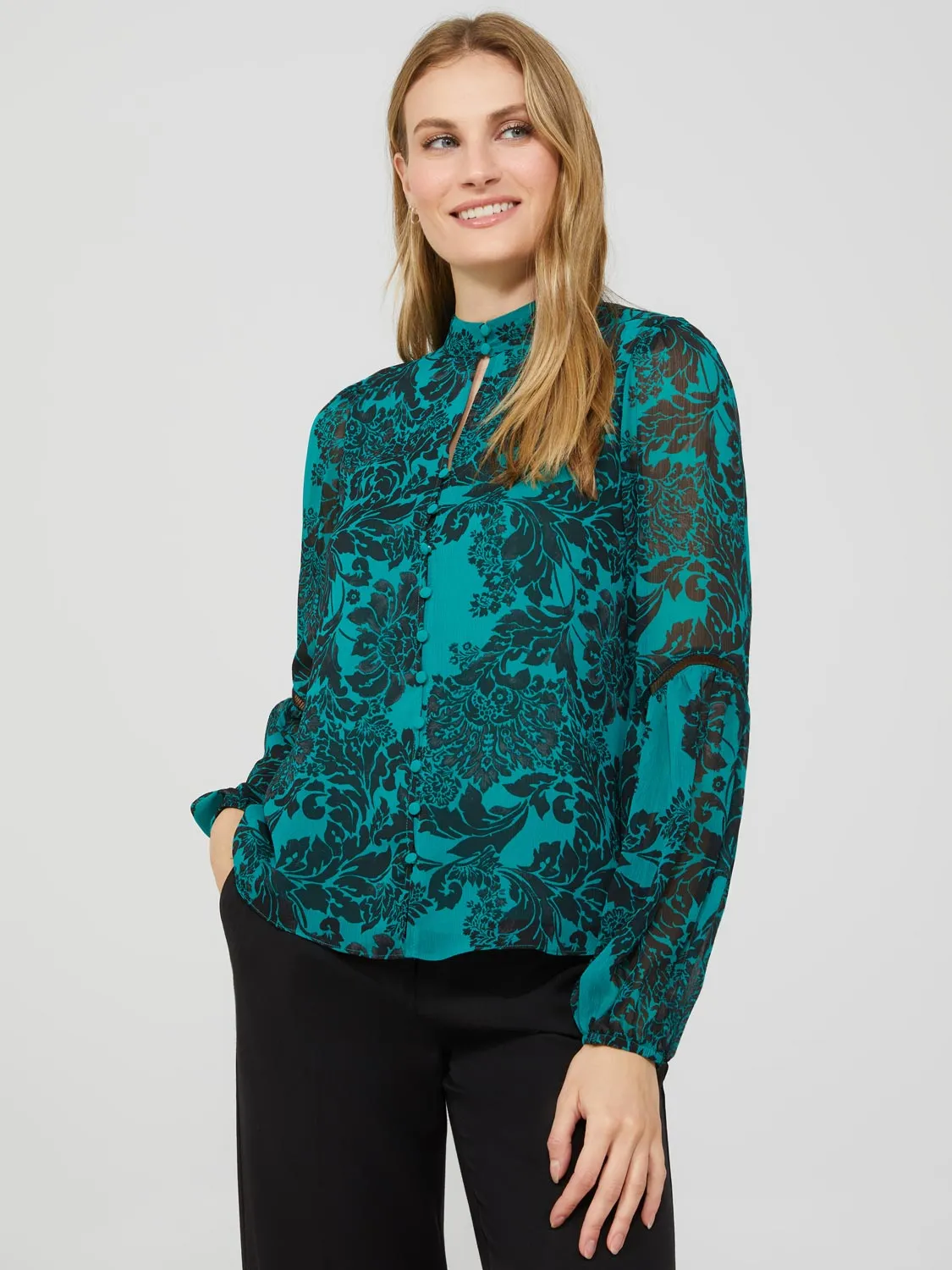 Floral Print Chiffon Button-Front Blouse With Puff Sleeves sold by Suzy Shier product image thumbnail 3