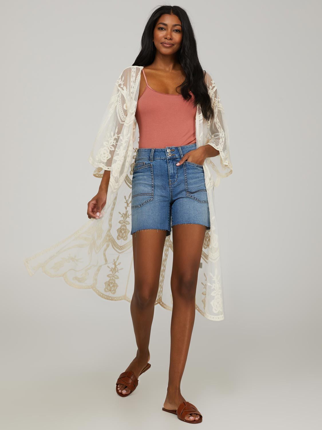 Embroidered Mesh Midi Kimono sold by Suzy Shier