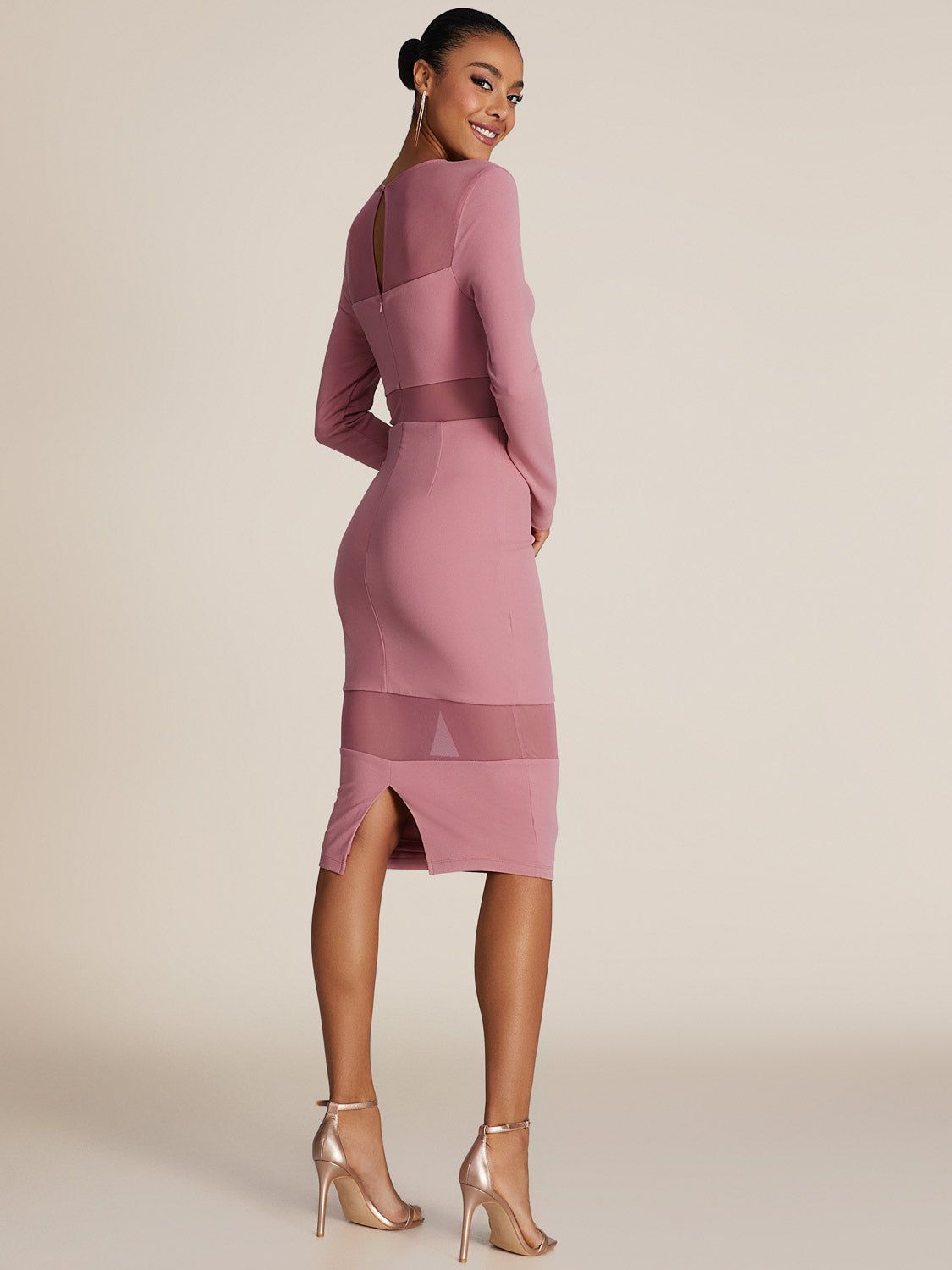 Long Sleeve Knee Length Sheath Dress With Mesh Cut Outs sold by Suzy Shier product image thumbnail 8