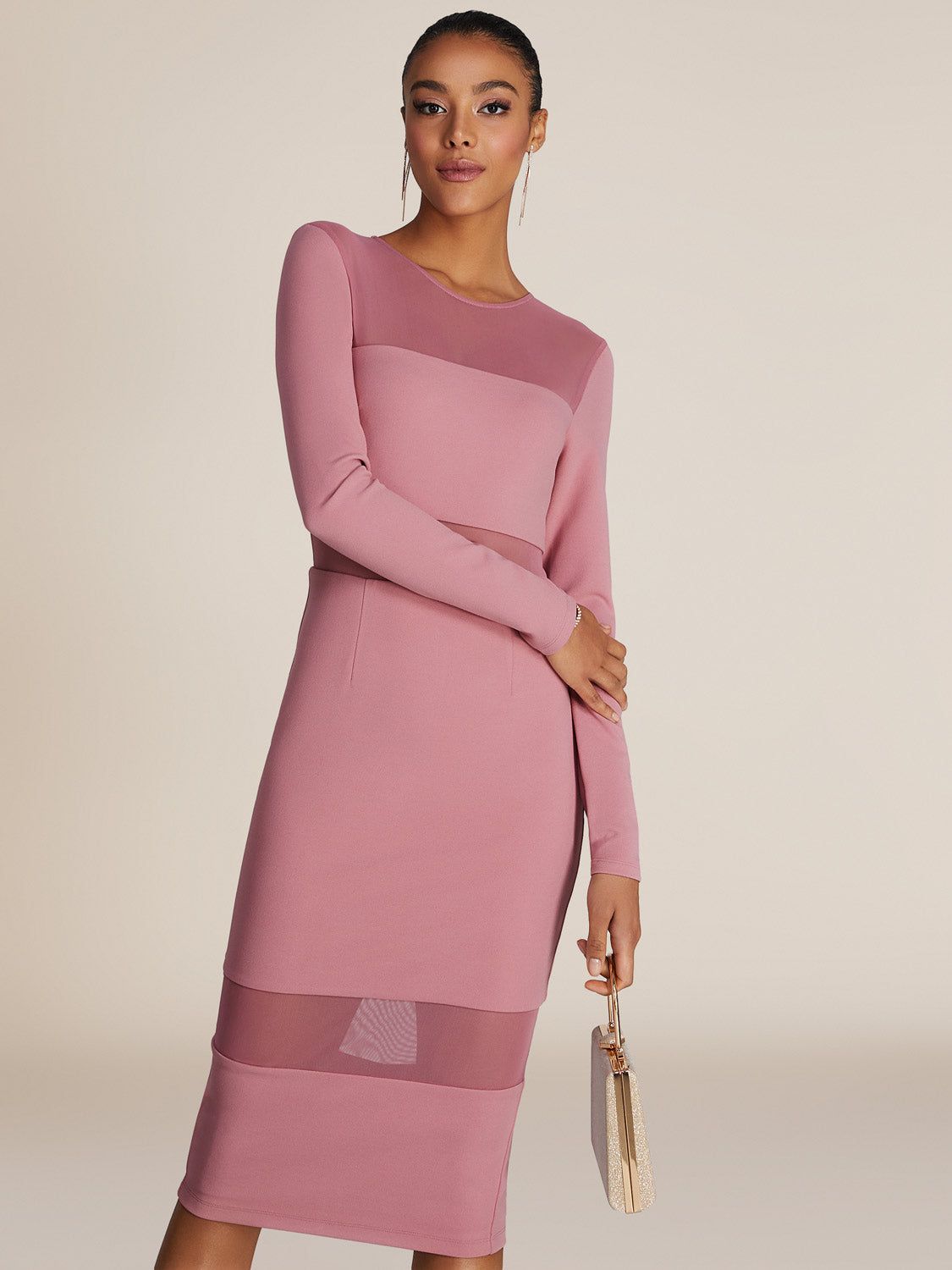 Long Sleeve Knee Length Sheath Dress With Mesh Cut Outs sold by Suzy Shier product image thumbnail 6