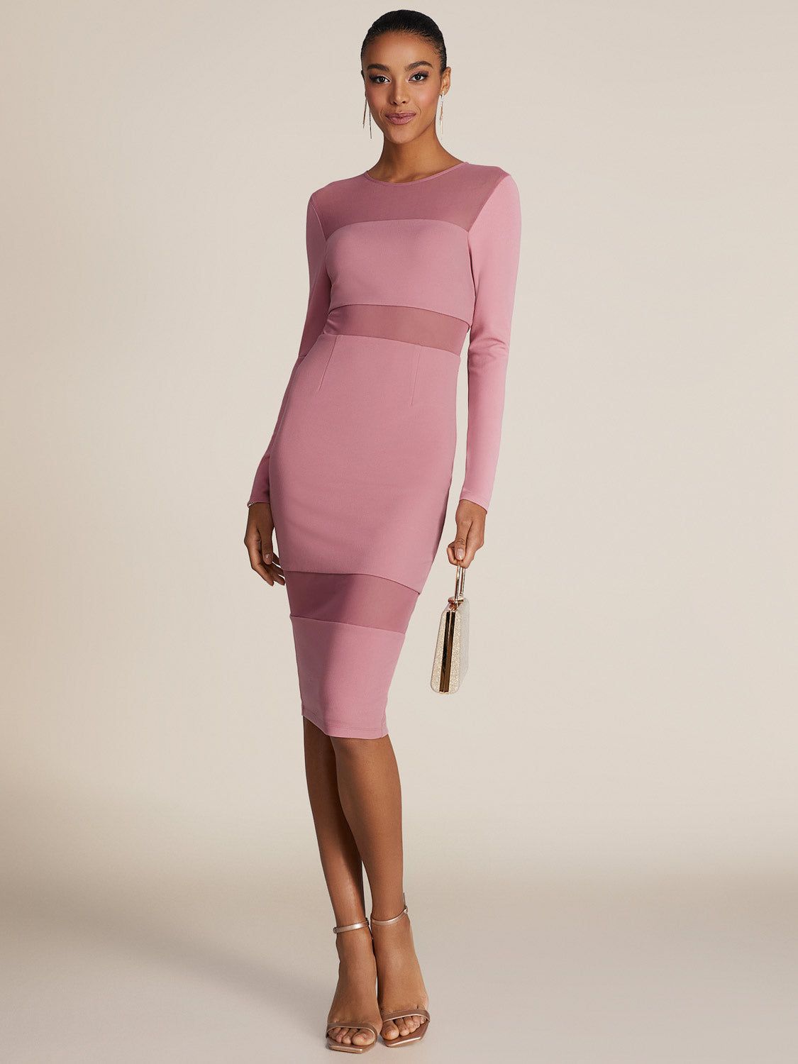 Long Sleeve Knee Length Sheath Dress With Mesh Cut Outs sold by Suzy Shier product image thumbnail 5