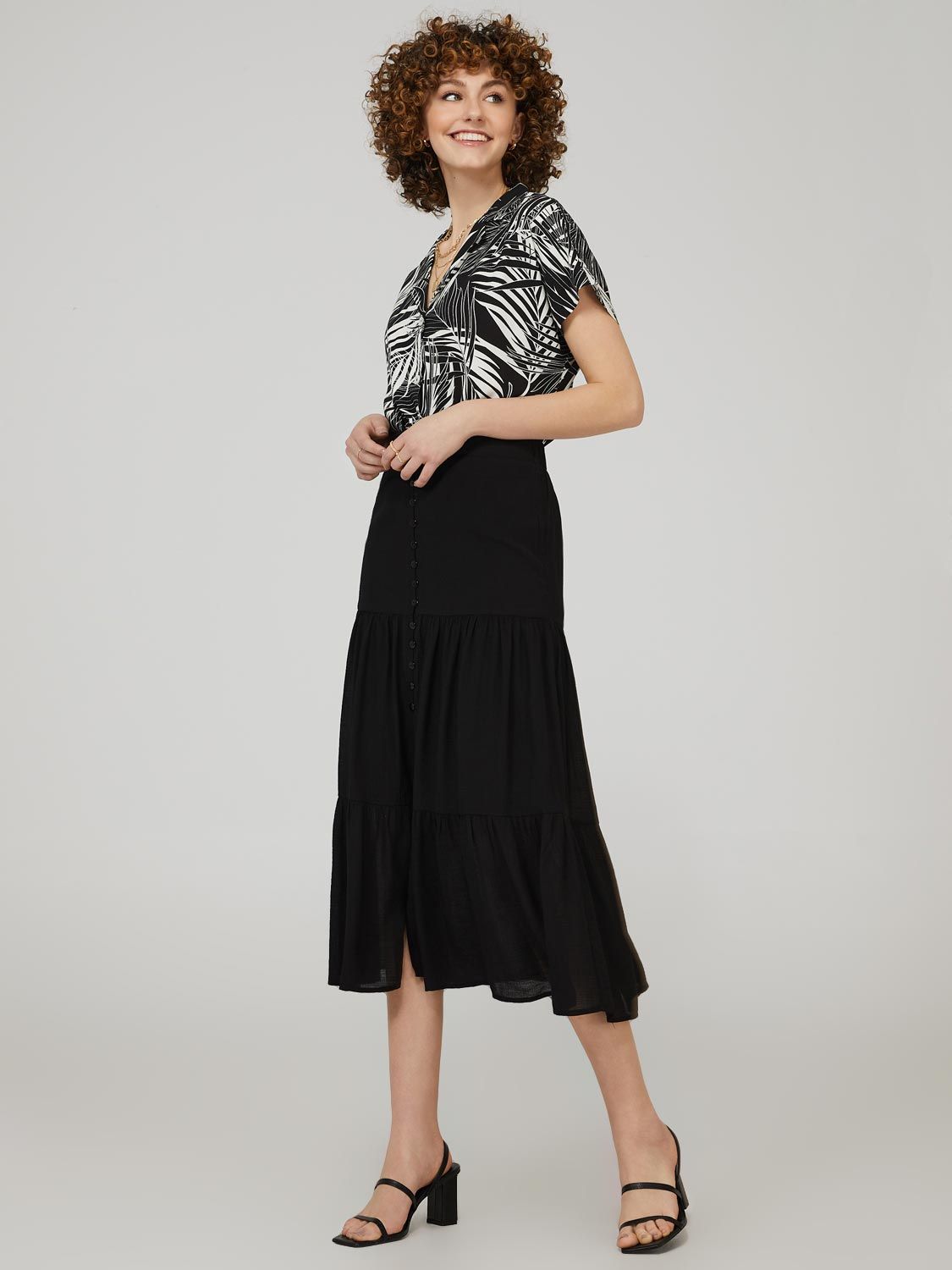Tiered Button-Down Maxi Skirt With Front Slit sold by Suzy Shier