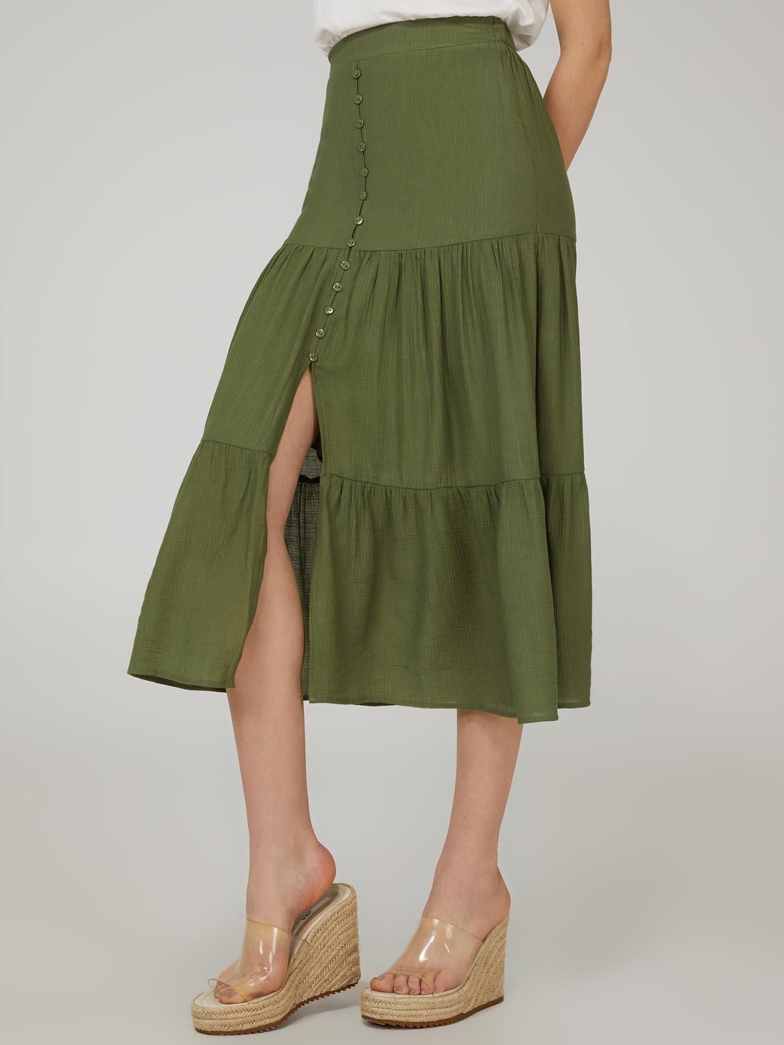 Tiered Button-Down Maxi Skirt With Front Slit sold by Suzy Shier product image thumbnail 6