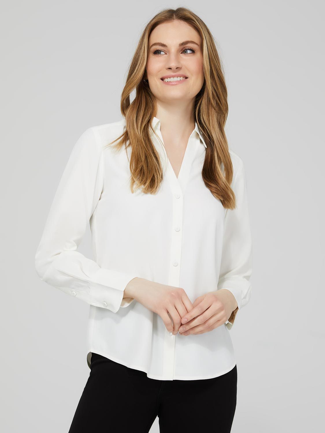 Chiffon Split Neck Button-Front Blouse sold by Suzy Shier