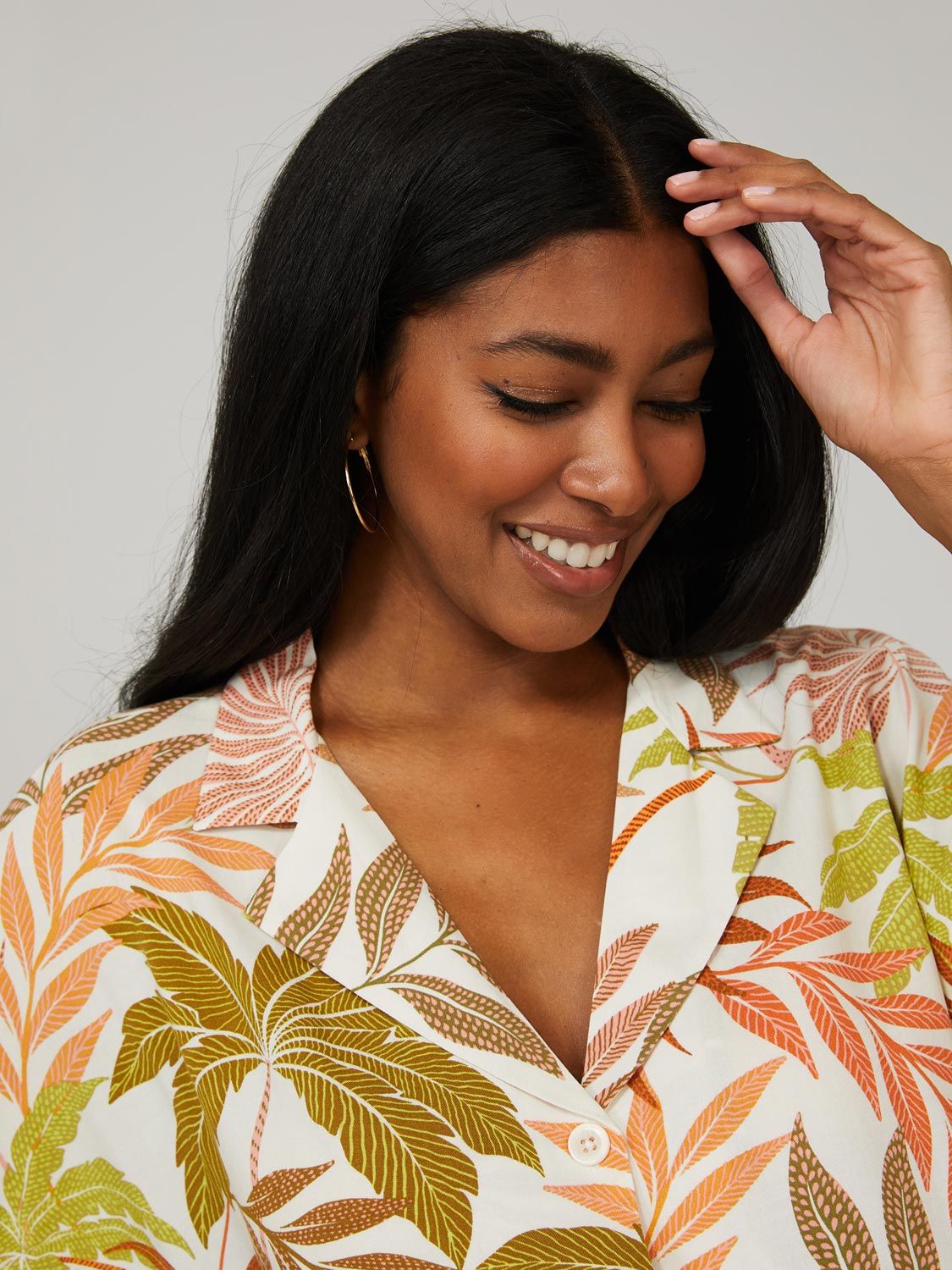 Tropical Leaf Print Short Sleeve Button-Front Resort Shirt sold by Suzy Shier product image thumbnail 2