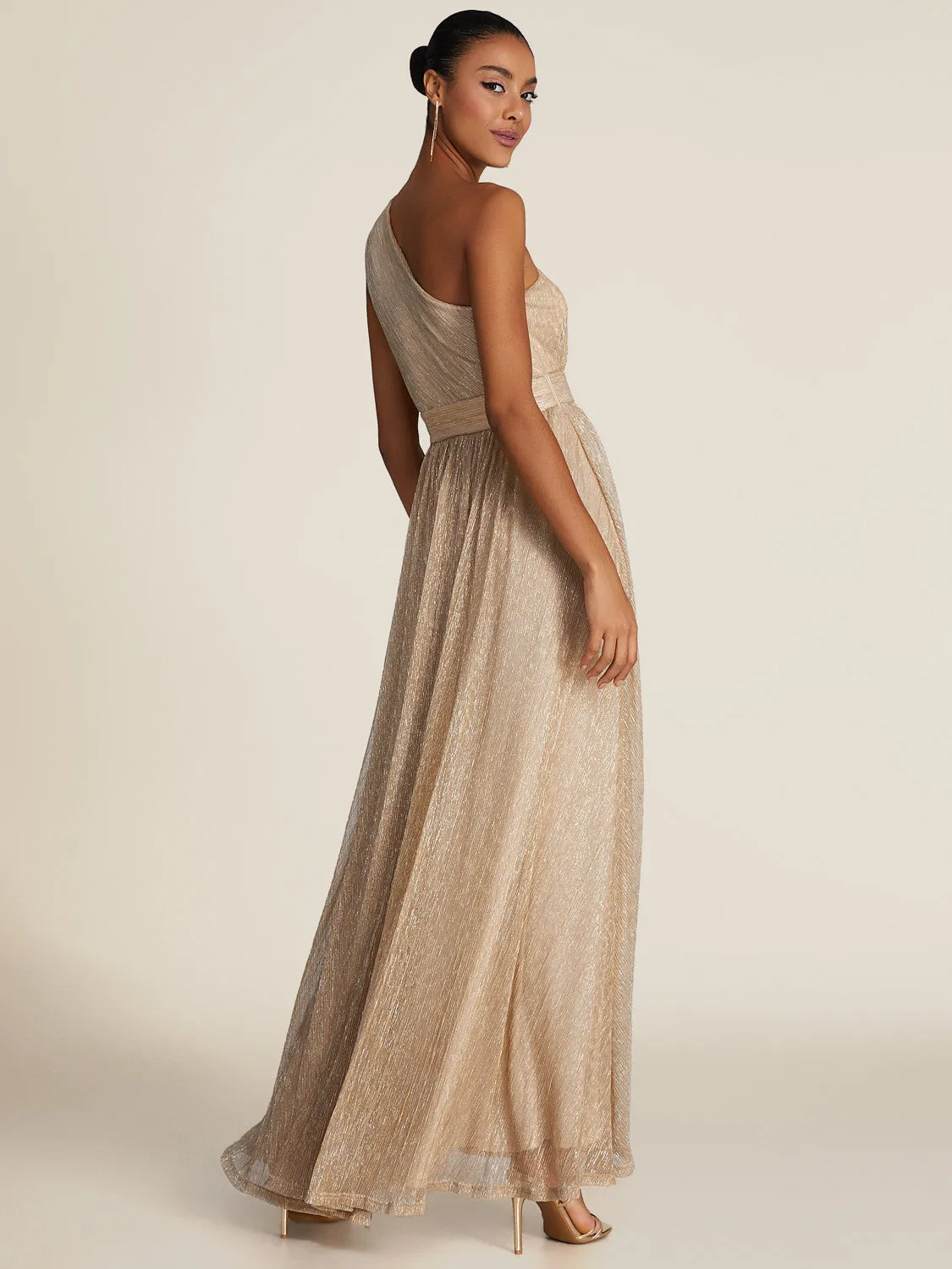One-Shoulder Metallic Gown With Front Cutout sold by Suzy Shier product image thumbnail 4