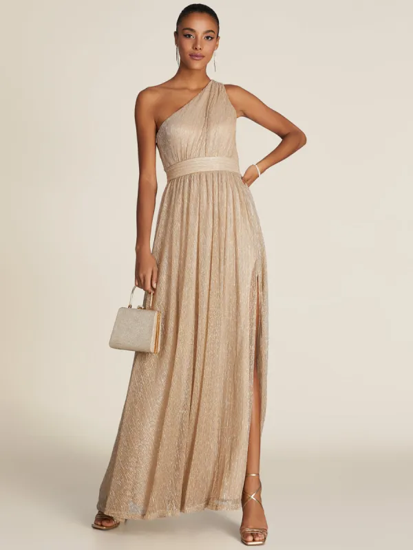 One-Shoulder Metallic Gown With Front Cutout sold by Suzy Shier