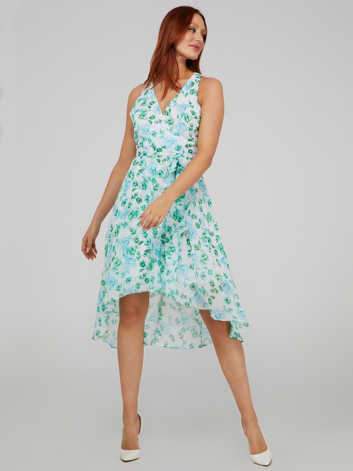 Printed Cross-Front High-Low Midi Dress sold by Suzy Shier