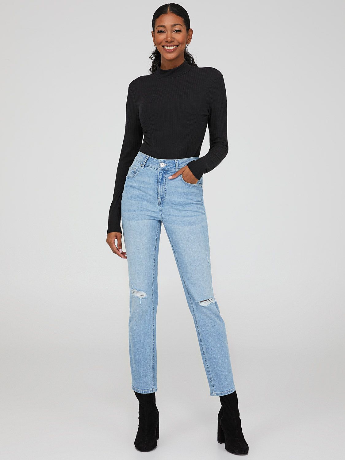 High Waisted Straight Leg Distressed Jeans sold by Suzy Shier product image thumbnail 5