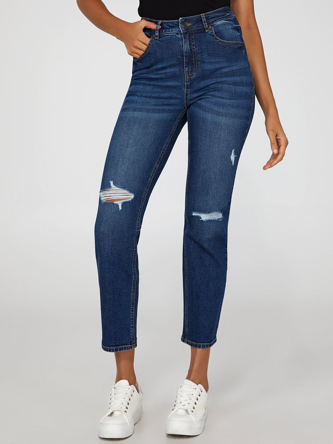 High Waisted Straight Leg Distressed Jeans sold by Suzy Shier product image thumbnail 2