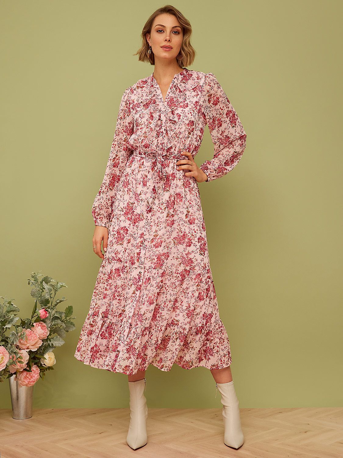 Printed Ruffled Midi Dress sold by Suzy Shier