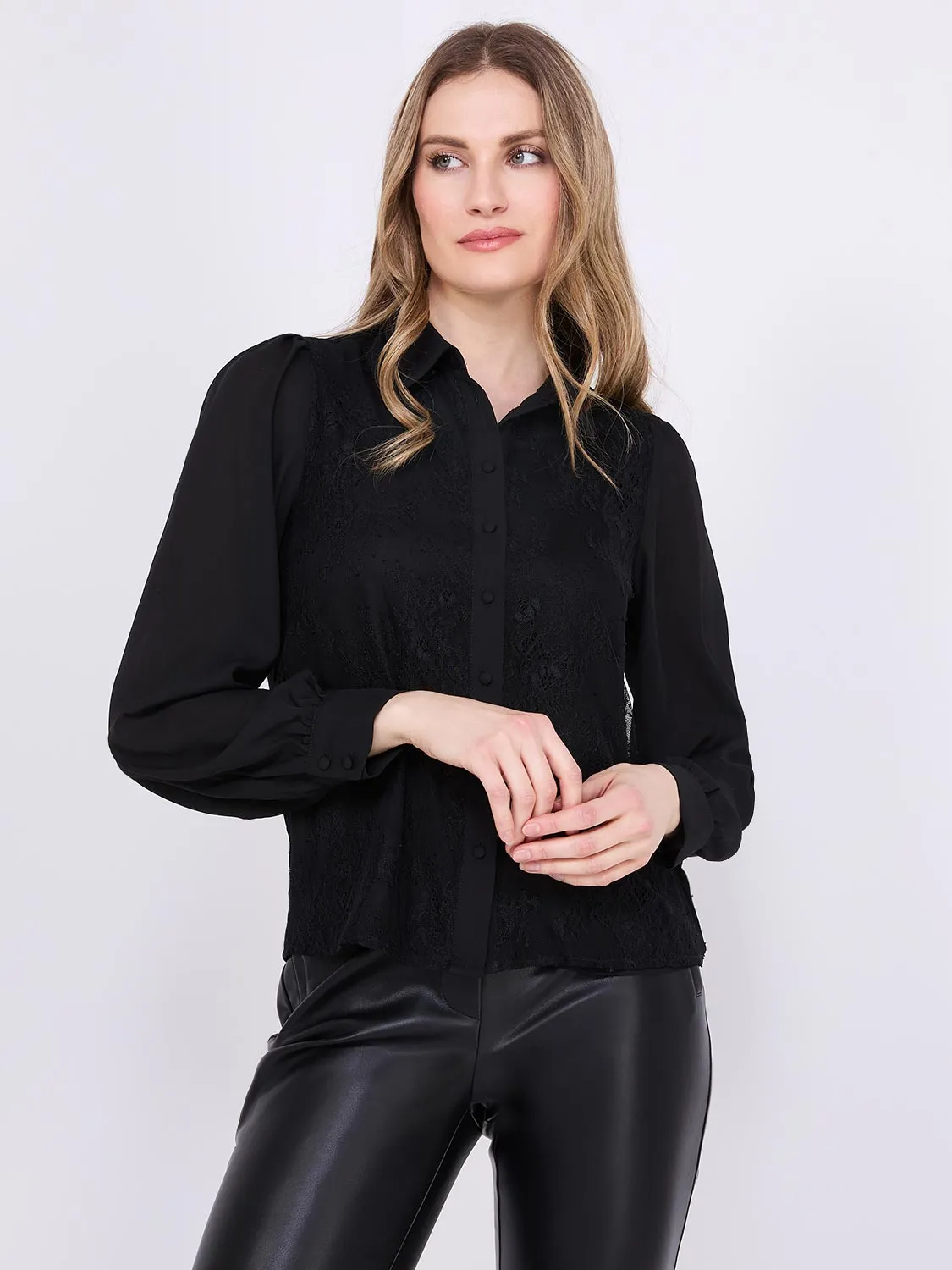 Chiffon Lace Button-Front Blouse sold by Suzy Shier