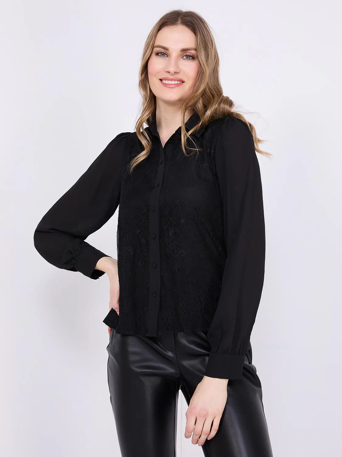 Chiffon Lace Button-Front Blouse sold by Suzy Shier product image thumbnail 3