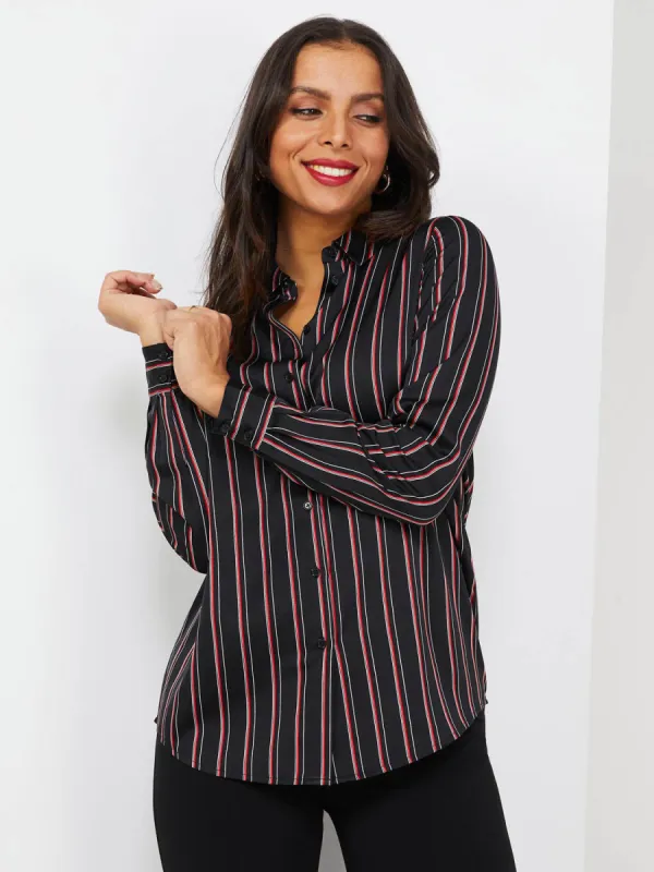Double Pinstripe Satin Button-Front Blouse sold by Suzy Shier
