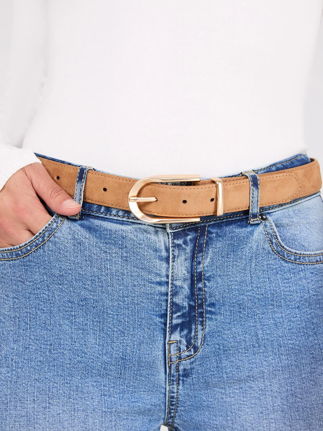 Faux Suede Gold Buckle Belt sold by Suzy Shier