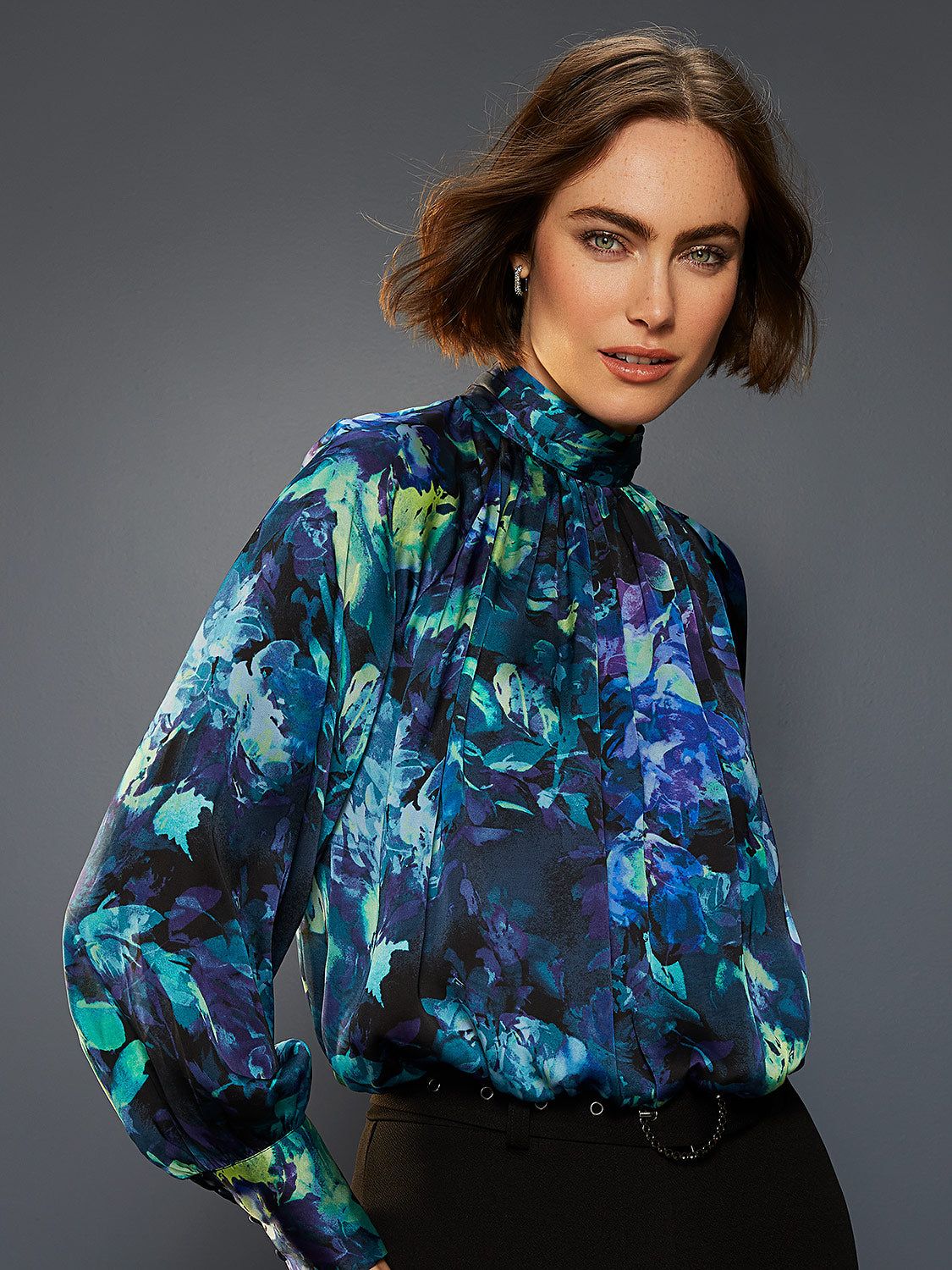 Satin Floral Print High Neck Blouse sold by Suzy Shier