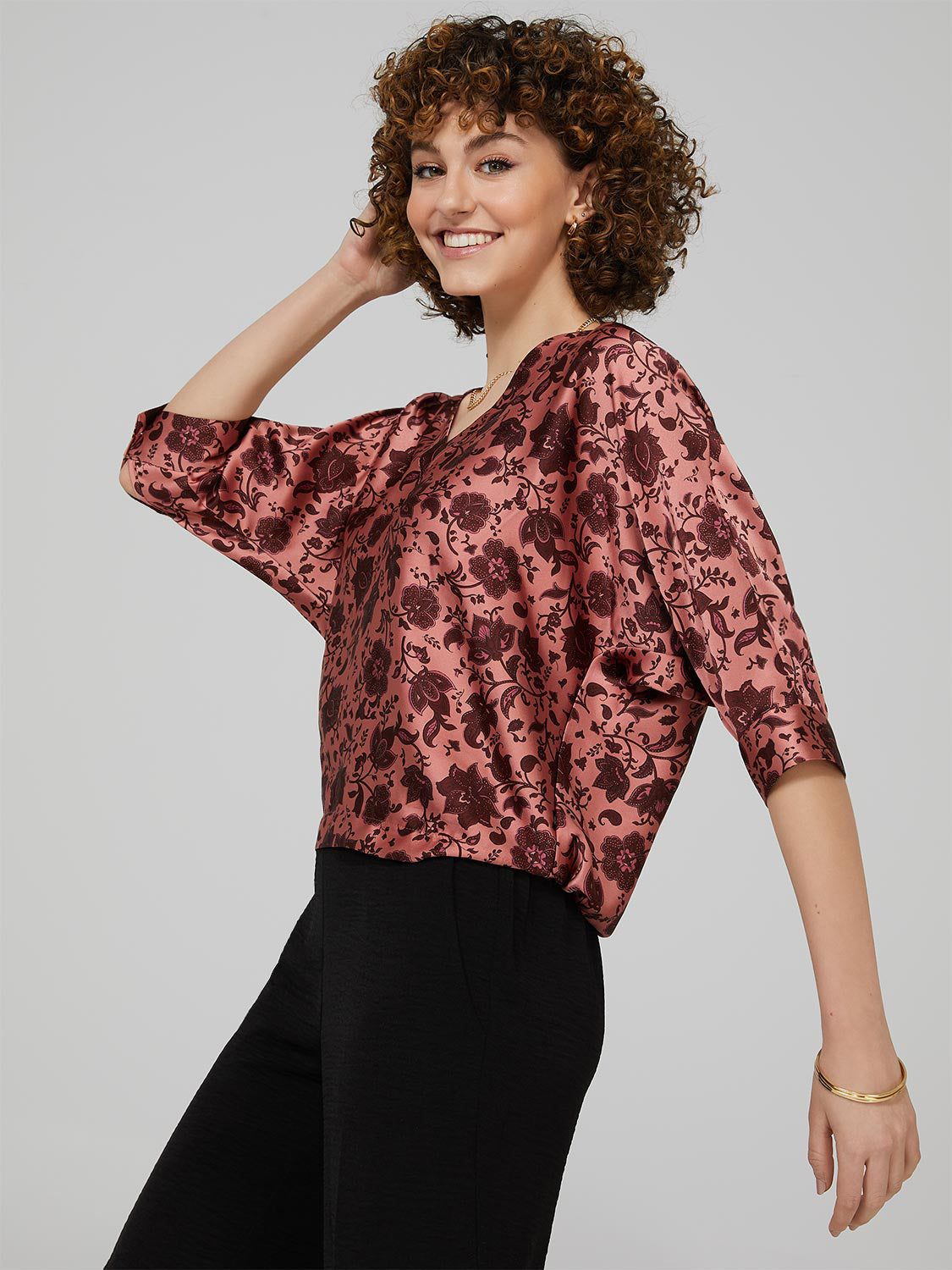 Printed Satin V-Neck Top With Dolman Sleeves sold by Suzy Shier product image thumbnail 3