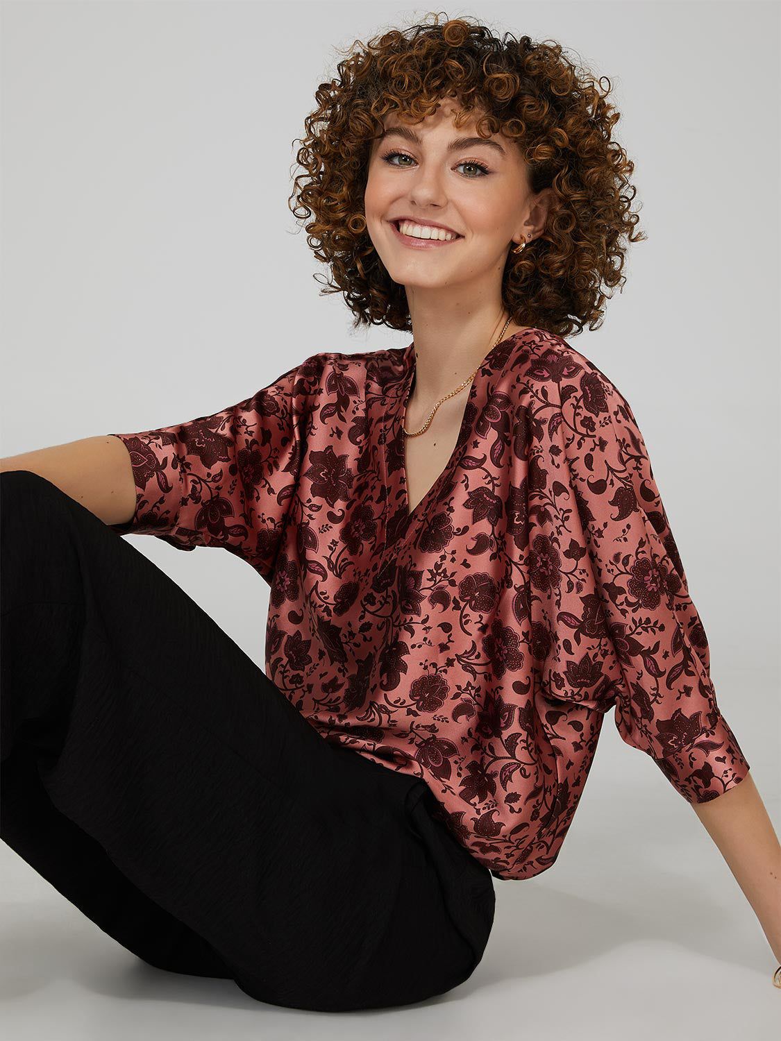Printed Satin V-Neck Top With Dolman Sleeves sold by Suzy Shier