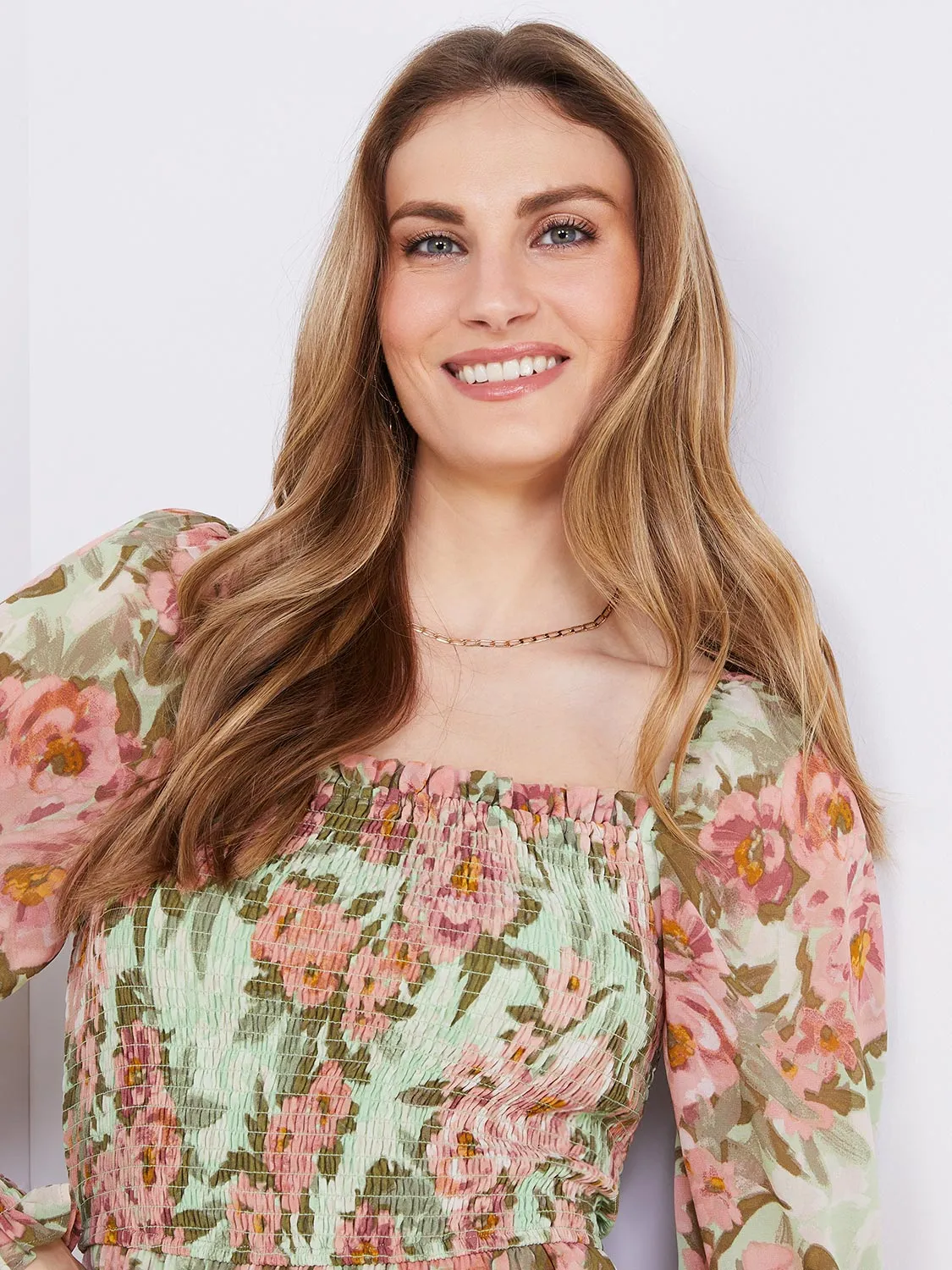 Floral Print Smocked Square Neck Chiffon Dress sold by Suzy Shier product image thumbnail 3