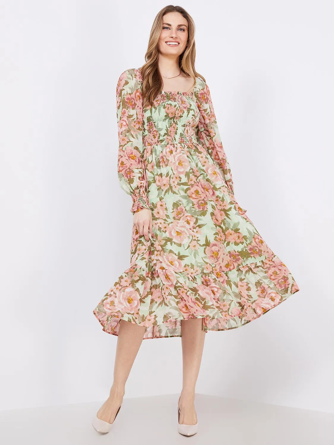 Floral Print Smocked Square Neck Chiffon Dress sold by Suzy Shier