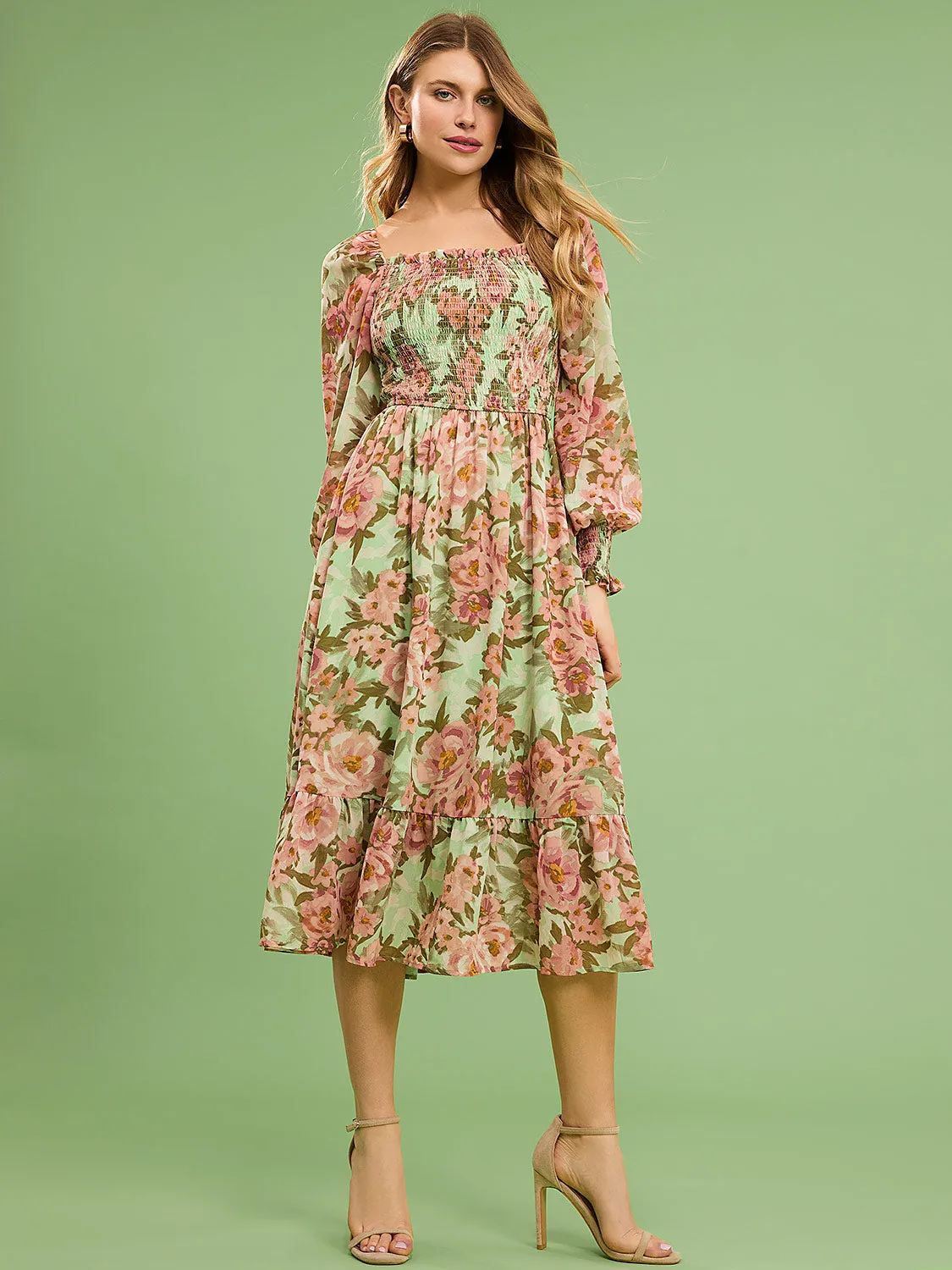 Floral Print Smocked Square Neck Chiffon Dress sold by Suzy Shier product image thumbnail 2