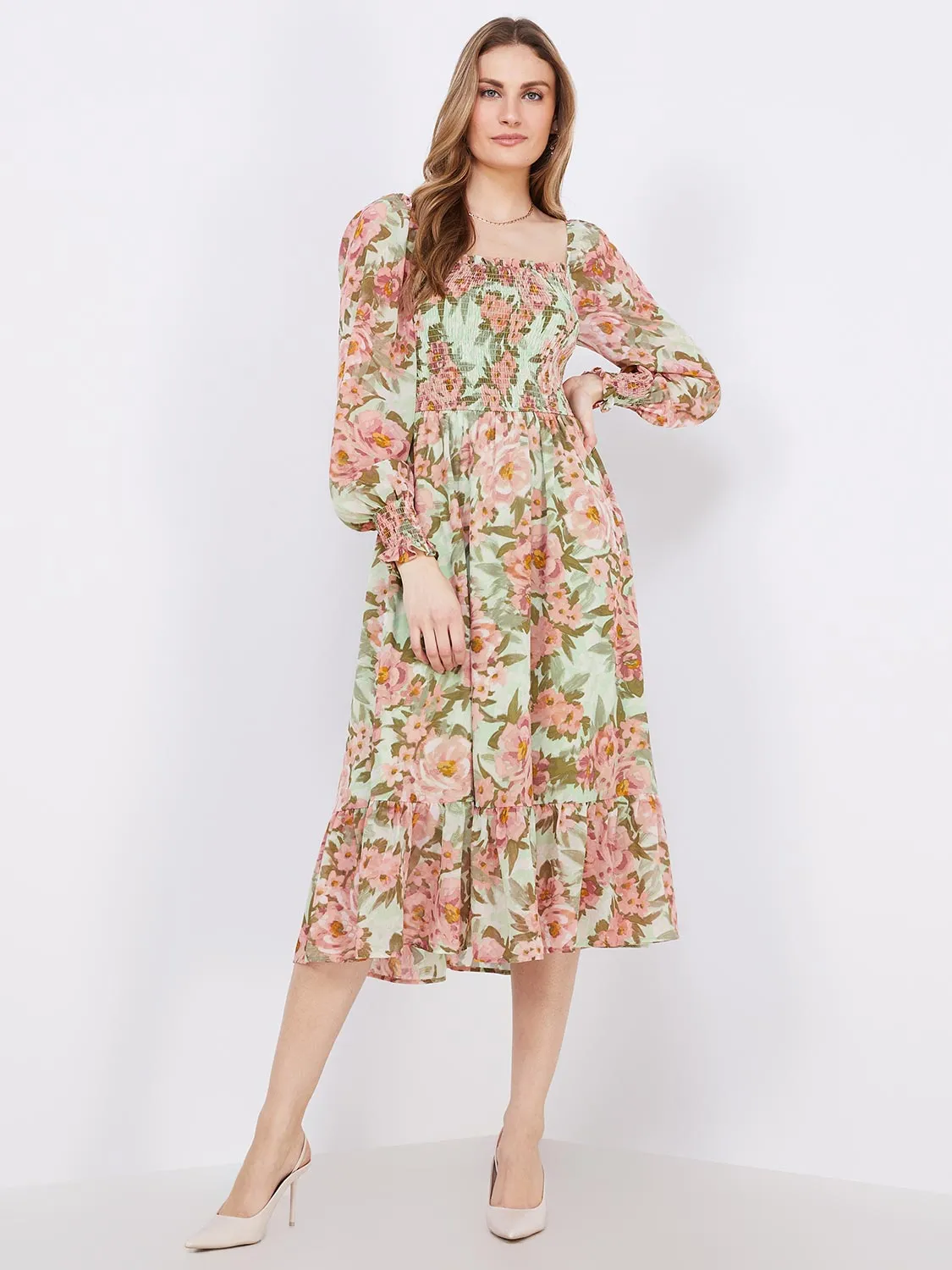 Floral Print Smocked Square Neck Chiffon Dress sold by Suzy Shier product image thumbnail 4