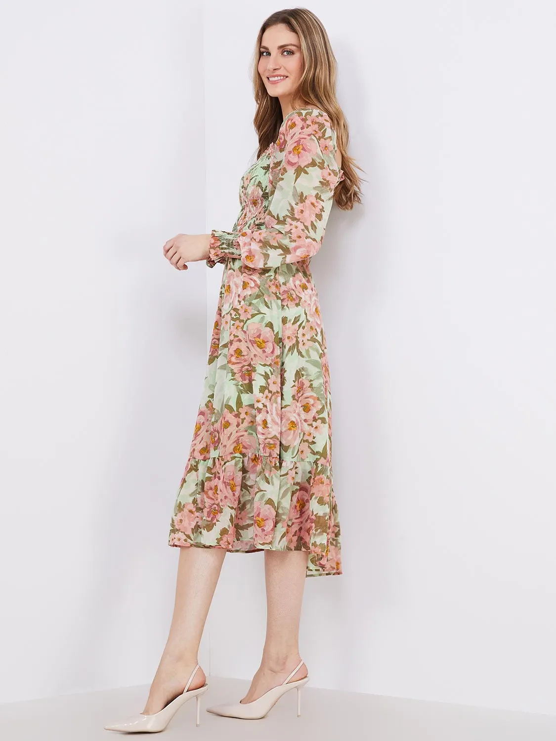 Floral Print Smocked Square Neck Chiffon Dress sold by Suzy Shier product image thumbnail 5