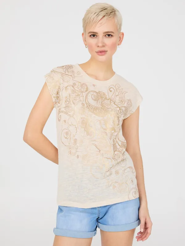 Foil Paisley Print Short Dolman Sleeve T-Shirt sold by Suzy Shier