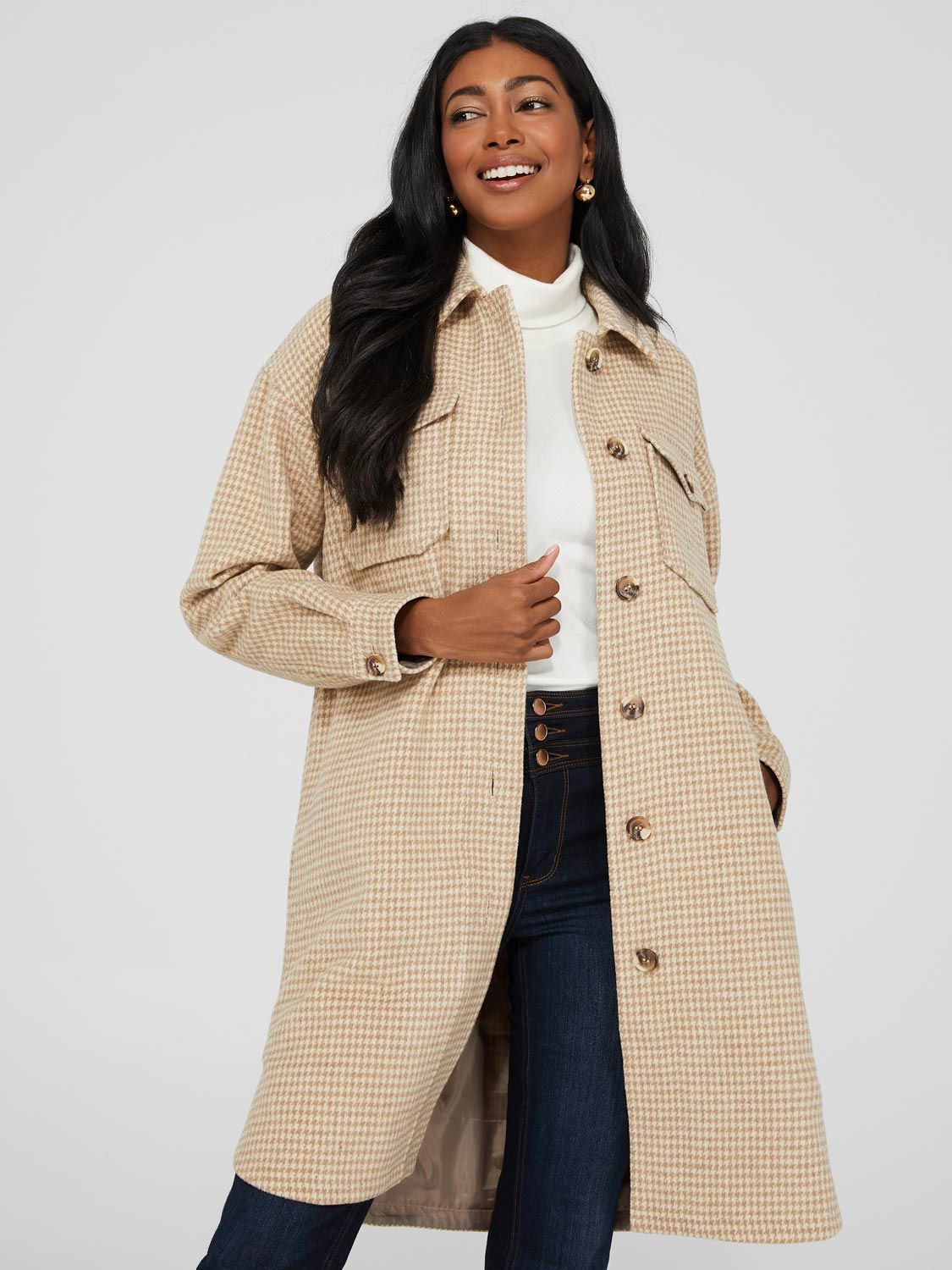 Long Houndstooth Shacket With Flap Pockets sold by Suzy Shier