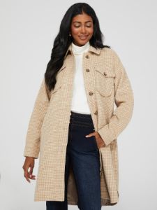 Long Houndstooth Shacket With Flap Pockets sold by Suzy Shier
