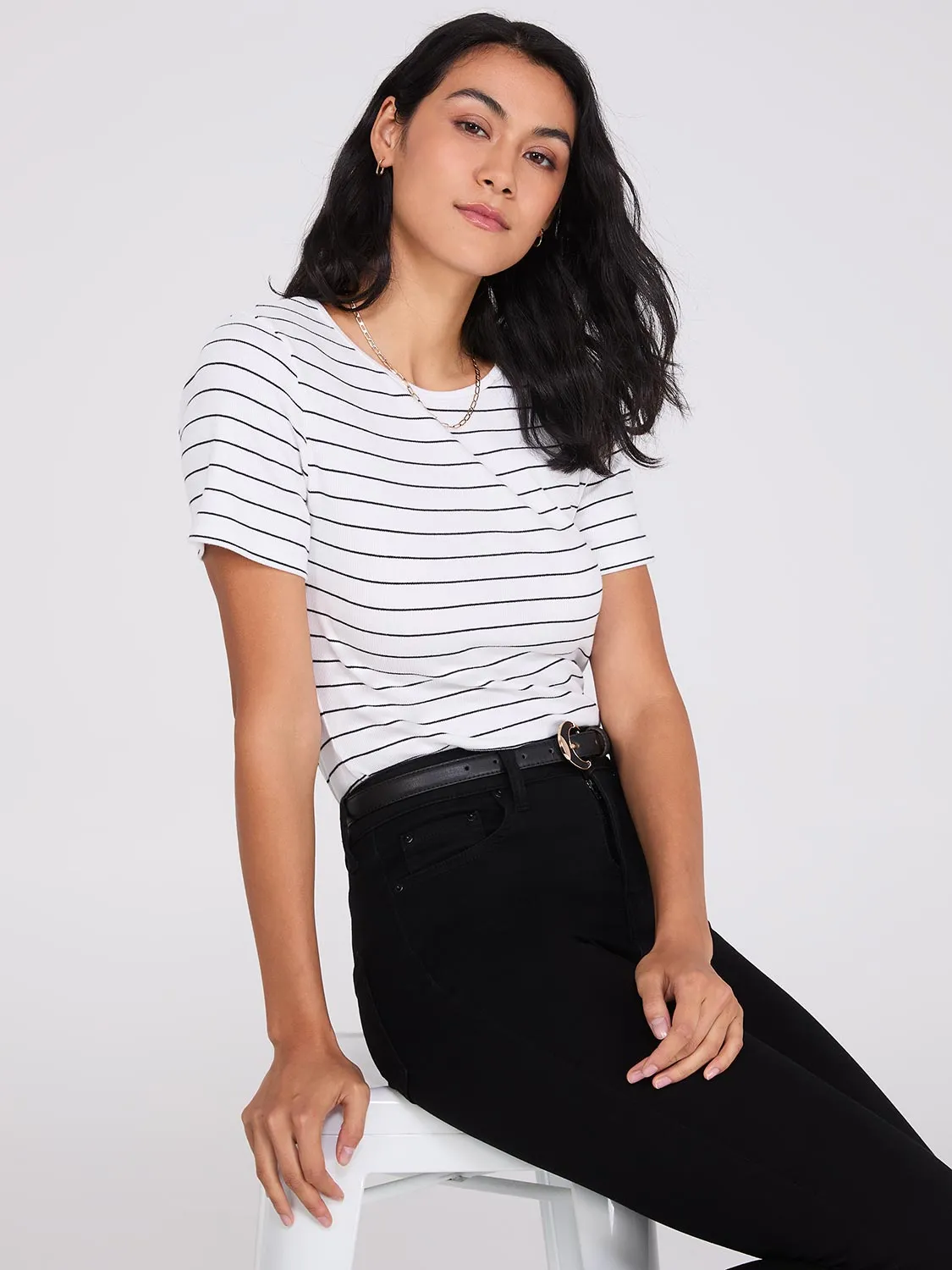 Striped Ribbed Short Sleeve T-Shirt sold by Suzy Shier