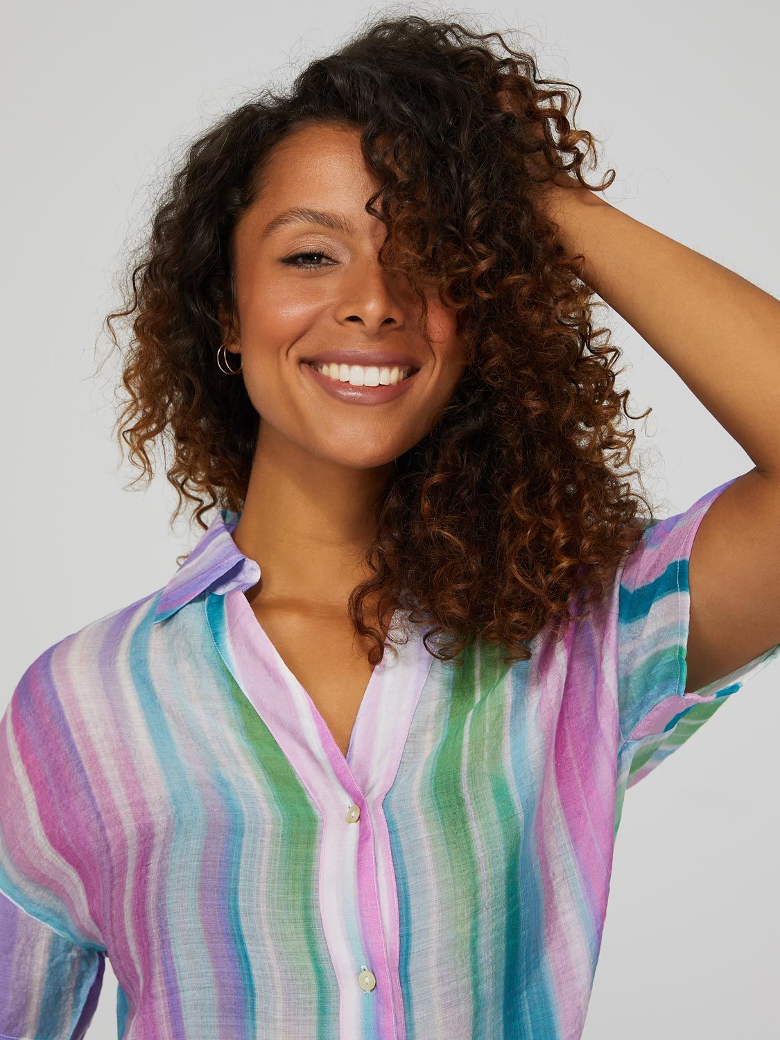 Striped Short Sleeve Blouse With Shell Buttons sold by Suzy Shier product image thumbnail 2