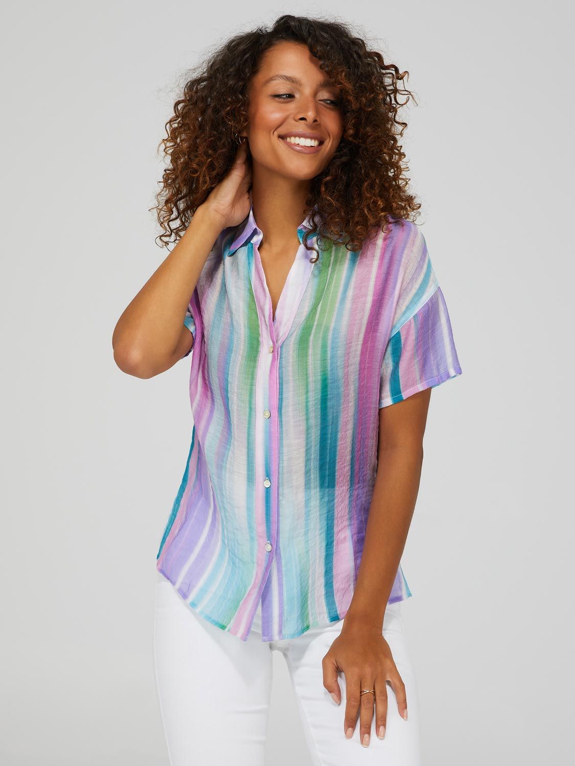 Striped Short Sleeve Blouse With Shell Buttons sold by Suzy Shier product image thumbnail 4