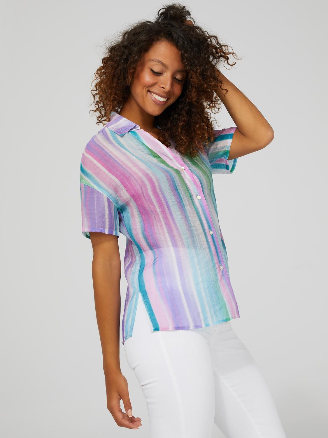 Striped Short Sleeve Blouse With Shell Buttons sold by Suzy Shier product image thumbnail 3
