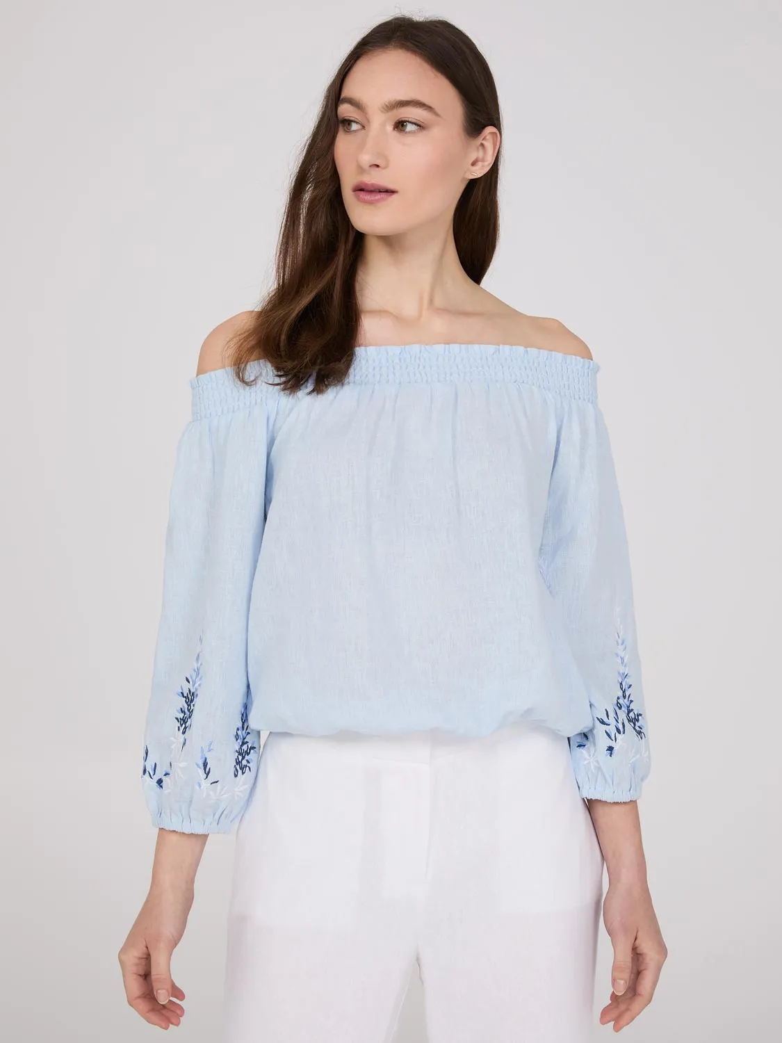 Embroidered Linen Off-The-Shoulder Top sold by Suzy Shier