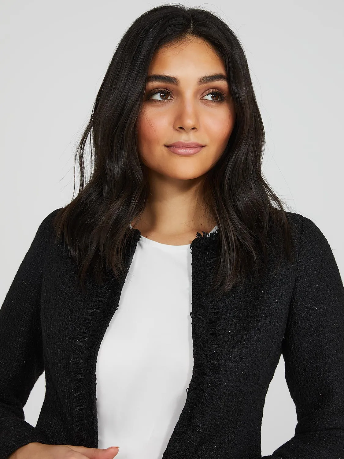 Waisted Boucle Blazer With Fringe Details sold by Suzy Shier product image thumbnail 2