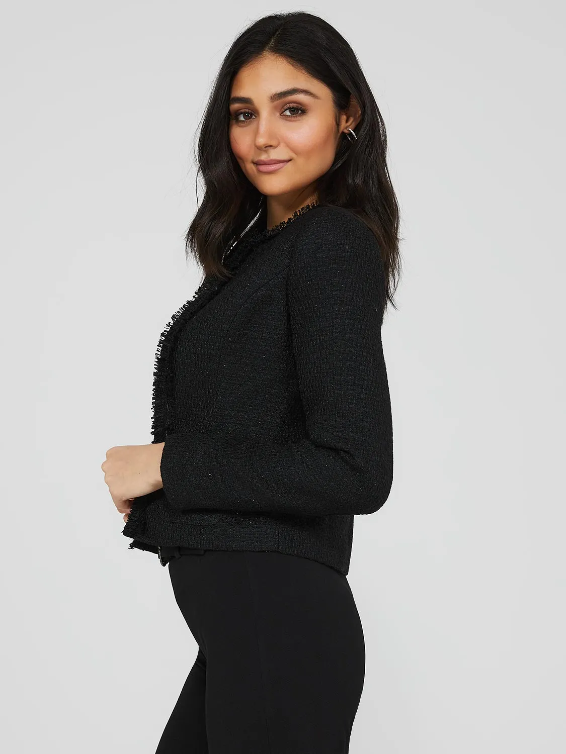 Waisted Boucle Blazer With Fringe Details sold by Suzy Shier product image thumbnail 4