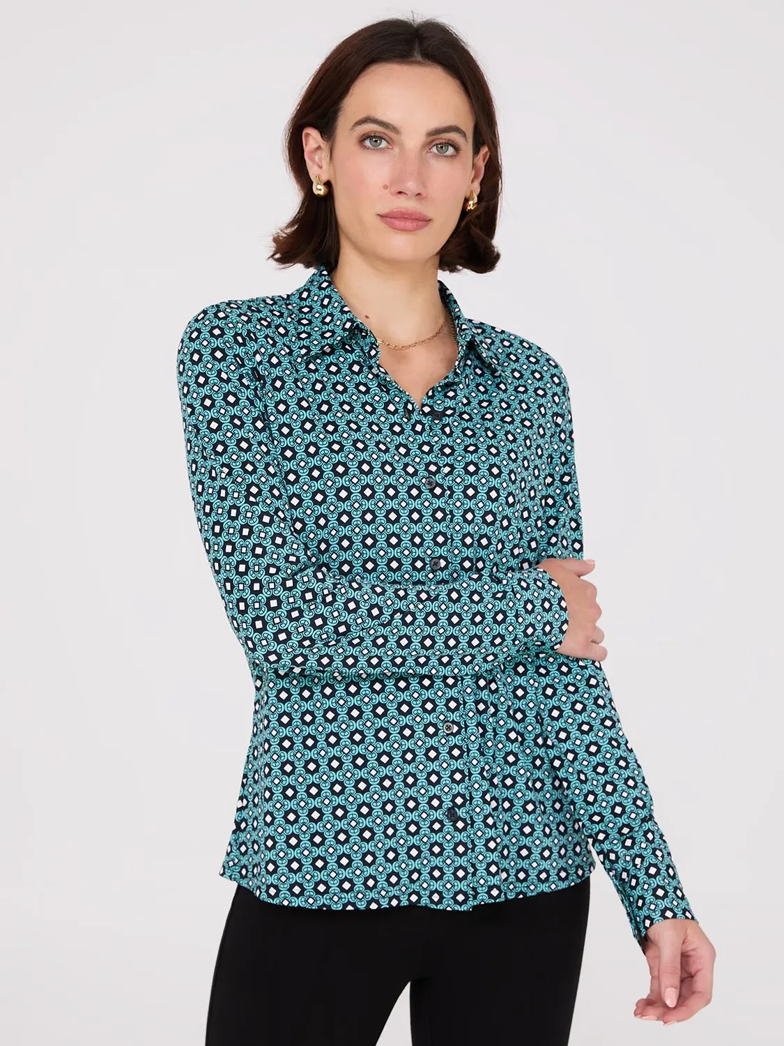 Printed Button-Front Classic Blouse sold by Suzy Shier product image thumbnail 3