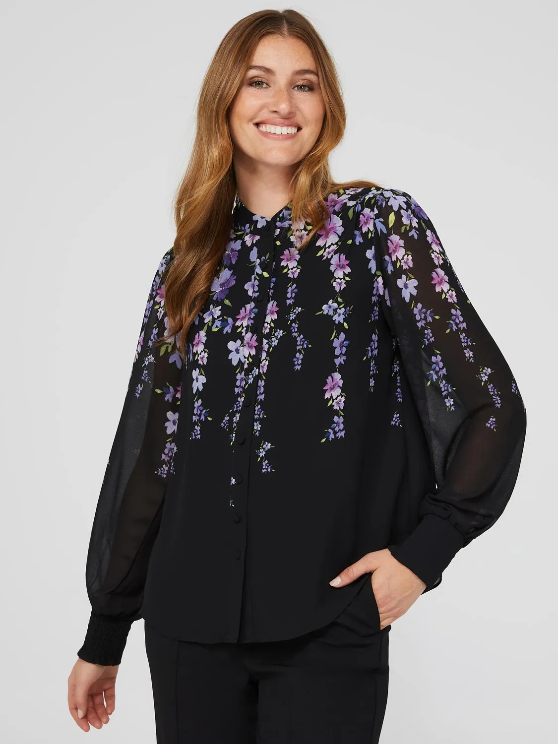 Floral Print Chiffon Button-Front Flowy Blouse sold by Suzy Shier product image thumbnail 3