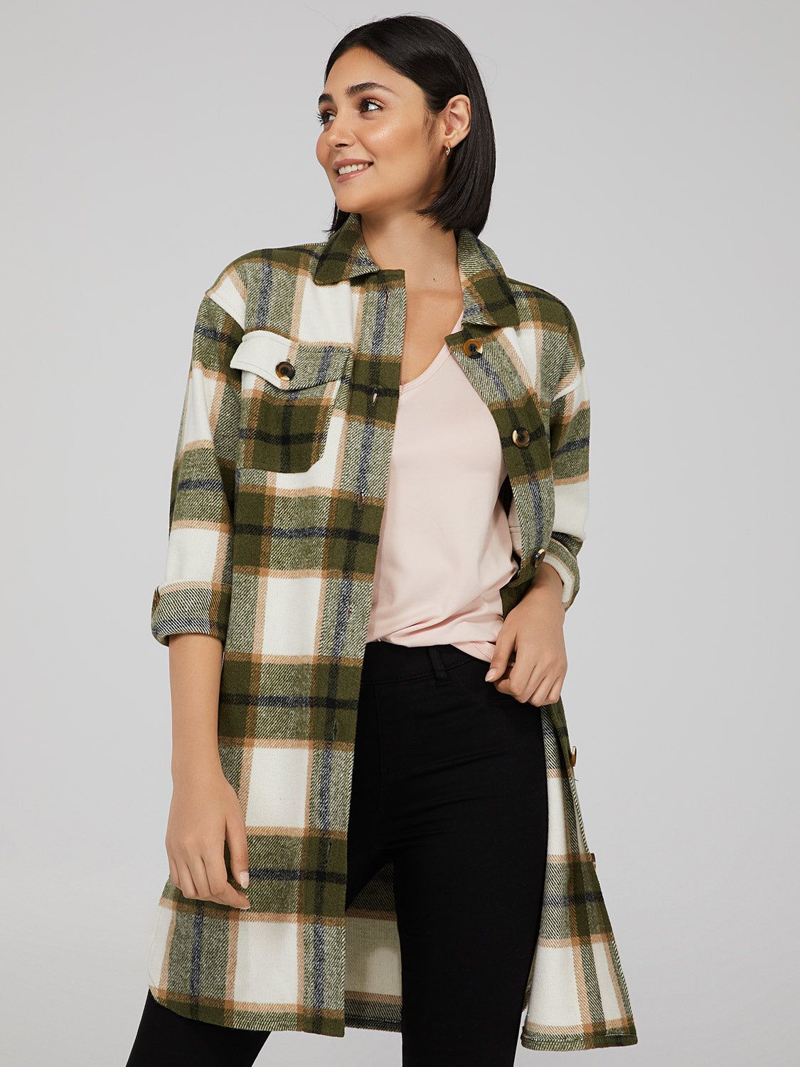 Oversized Longline Plaid Shacket sold by Suzy Shier