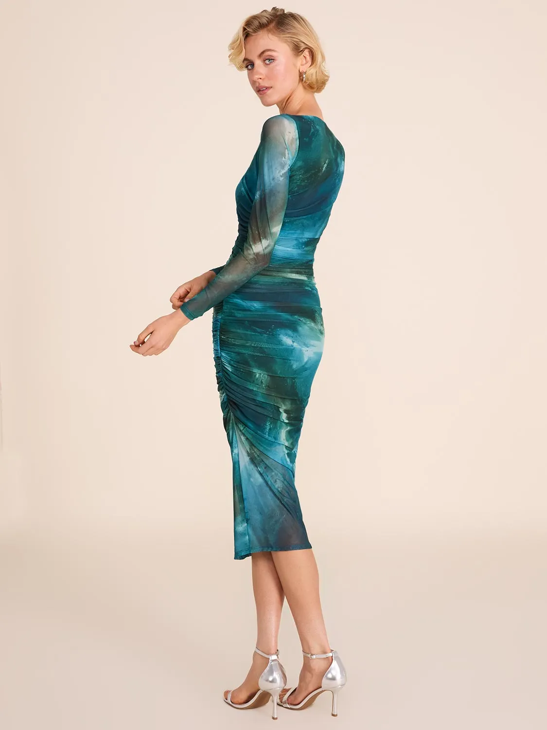 Printed Long Sleeve Boat Neck Mesh Midi Dress sold by Suzy Shier product image thumbnail 2