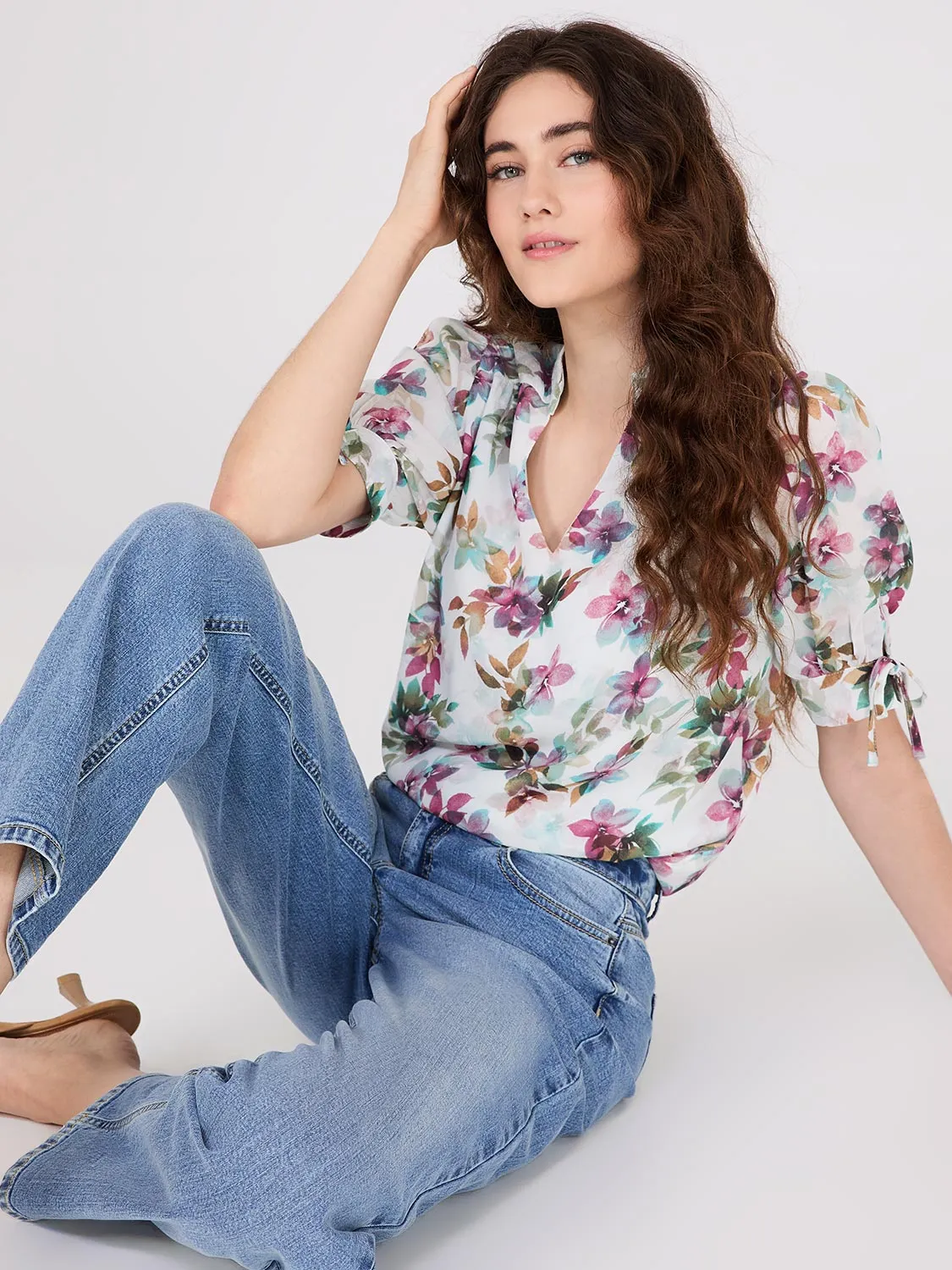 Floral Print Split Neck Tie Sleeve Blouse sold by Suzy Shier product image thumbnail 3