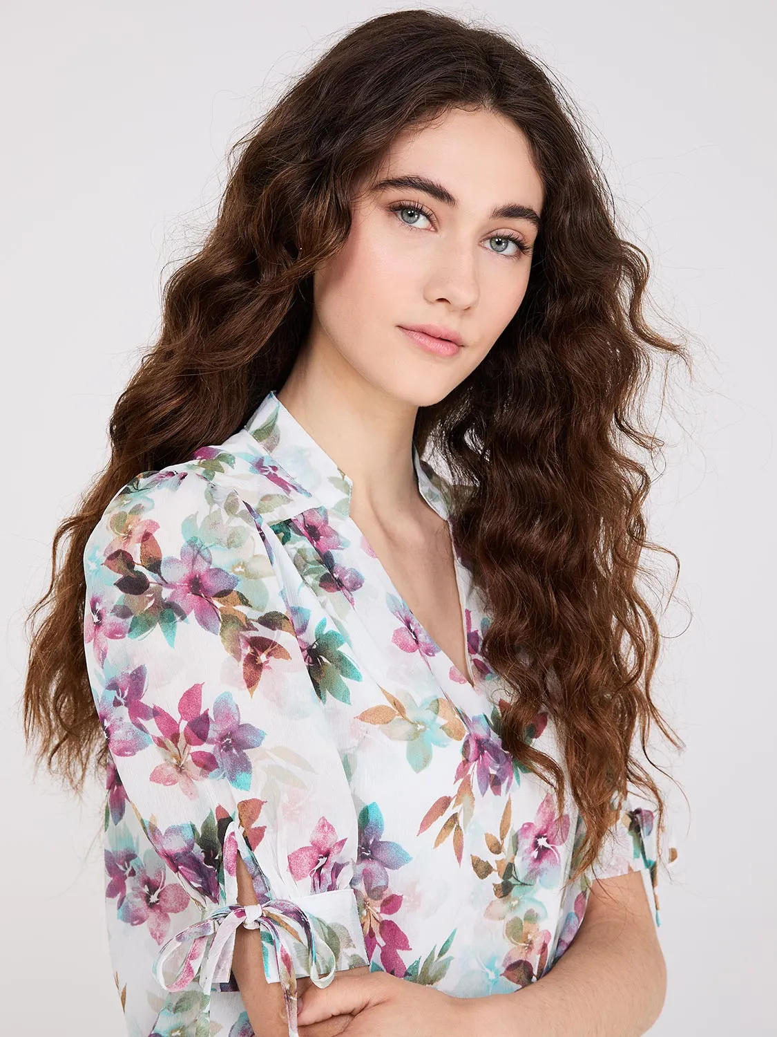 Floral Print Split Neck Tie Sleeve Blouse sold by Suzy Shier product image thumbnail 2