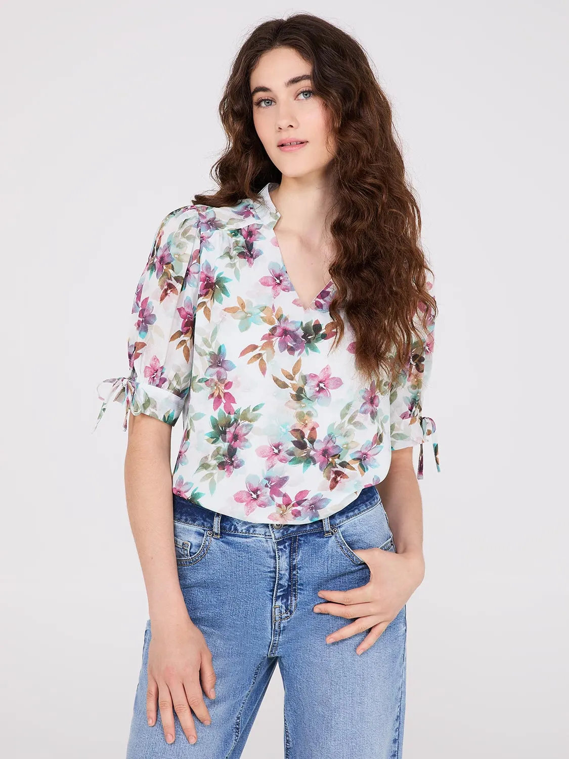 Floral Print Split Neck Tie Sleeve Blouse sold by Suzy Shier
