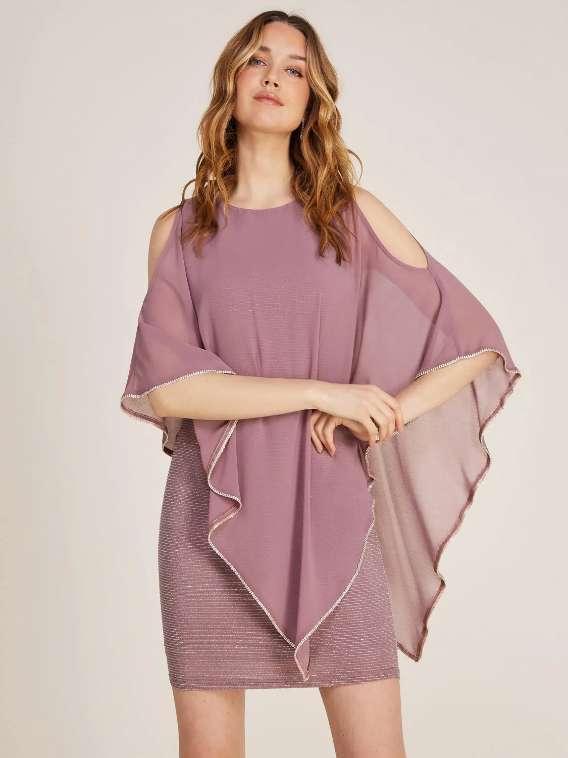 Metallic Round Neck Mini Dress With Chiffon Overlay sold by Suzy Shier product image thumbnail 2