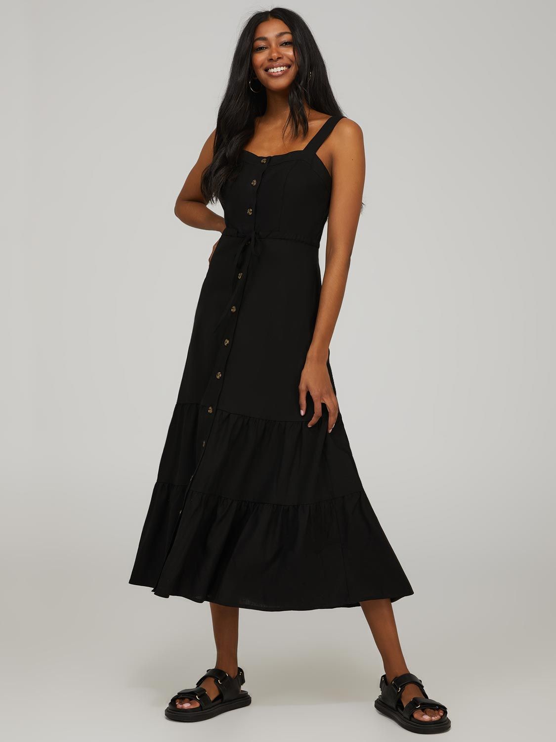 Linen Button-Front 2-Tier Dress sold by Suzy Shier