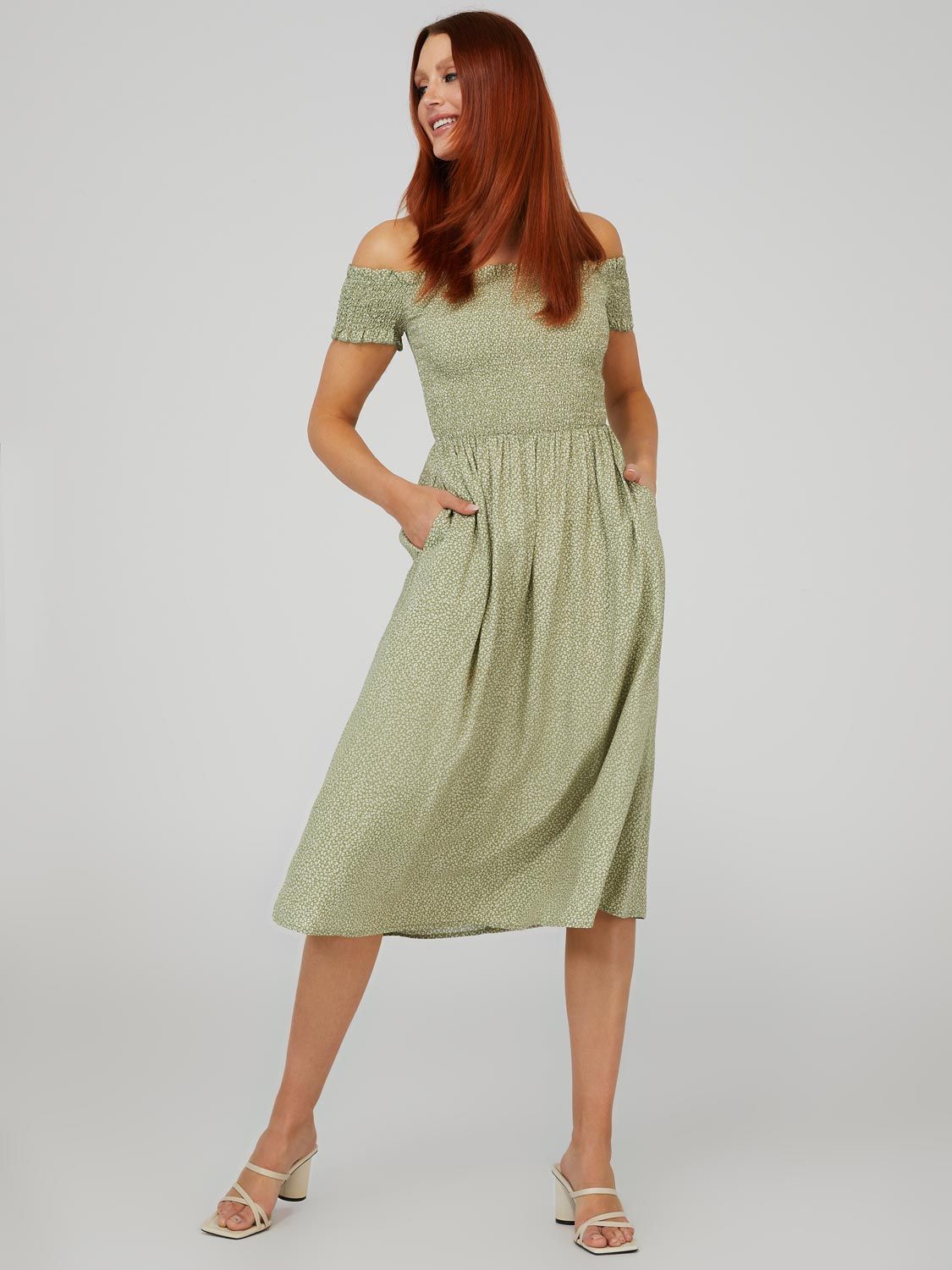 Printed Off-The-Shoulder Smocked Midi Dress sold by Suzy Shier